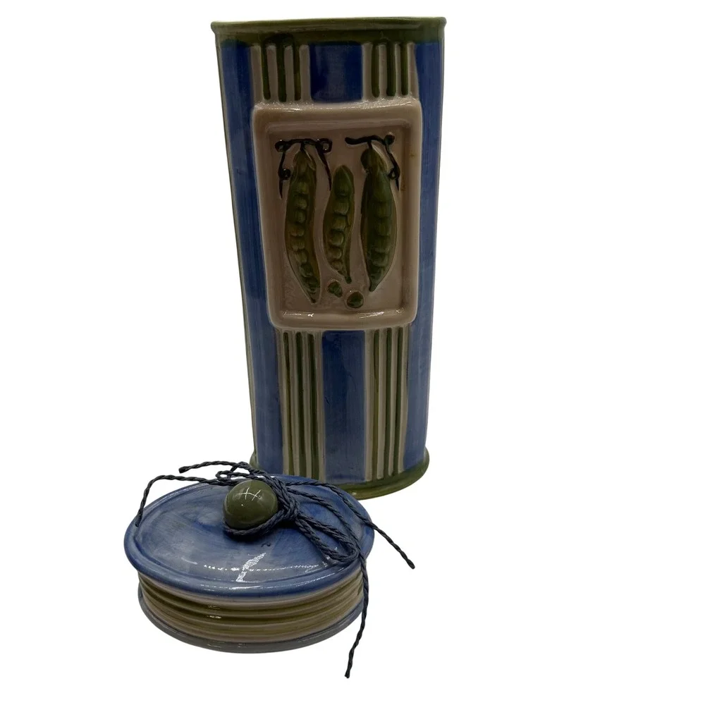 Vtg. Hand Painted Striped Ceramic Pasta Canister with Pea Pod Relief Blue Green